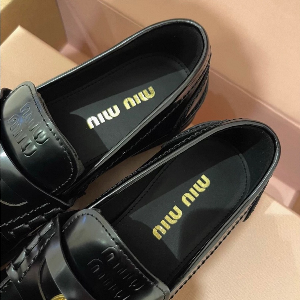 Miu Miu Black Loafers with Gold Accent - Picture 7 of 9